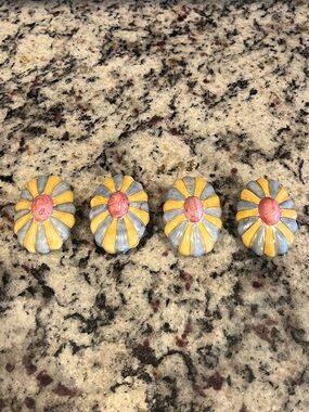 Mackenzie-Childs Vintage Fluted Knobs - Yellow and Blue with Pink center. (4).